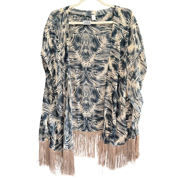 Studio S Zebra Print Open Front Fringe Cardigan Kimono One Size Beige Blue - Picture 1 of 7